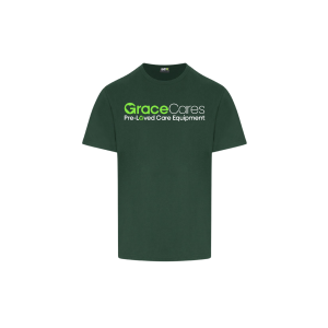 Dark green t-shirt with Grace Cares logo high up on the chest.